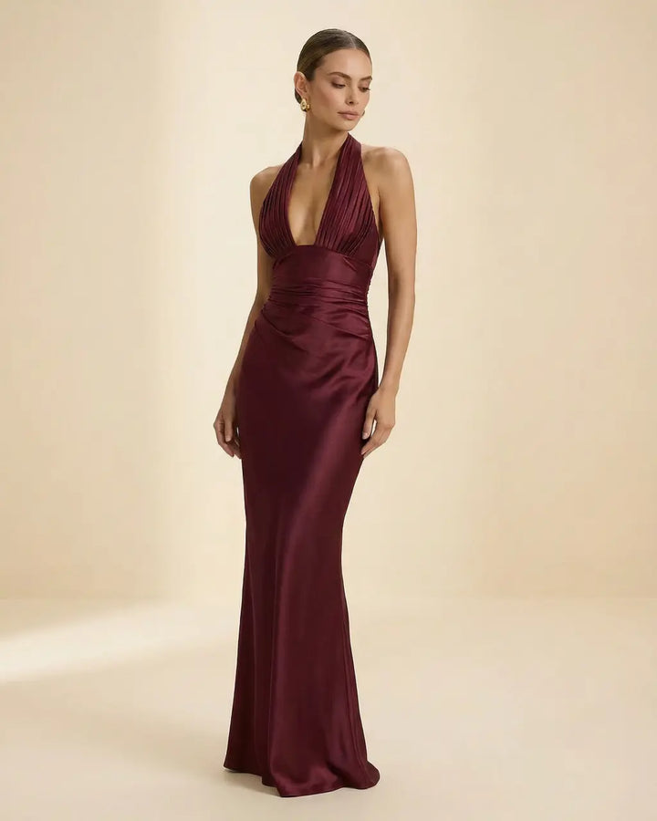 Elegant Burgundy Halter Neck Satin Corset Maxi Dress SOLACE