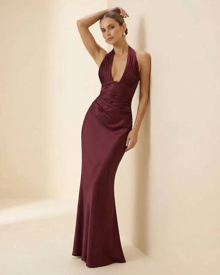 Elegant Burgundy Halter Neck Satin Corset Maxi Dress SOLACE