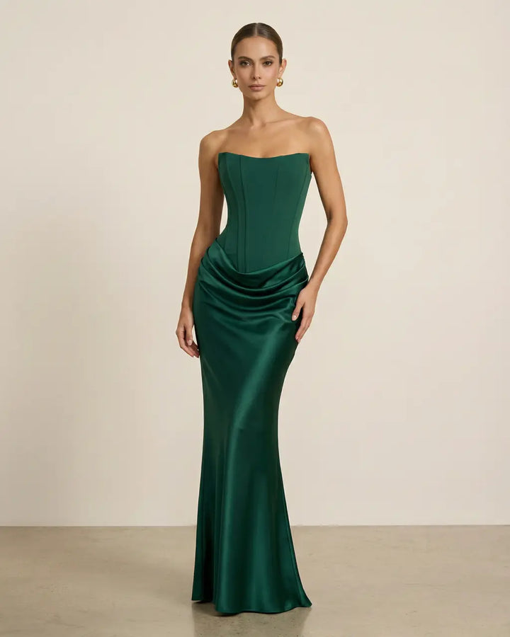 Green Strapless Corset Satin Mermaid Maxi Dress SOLACE