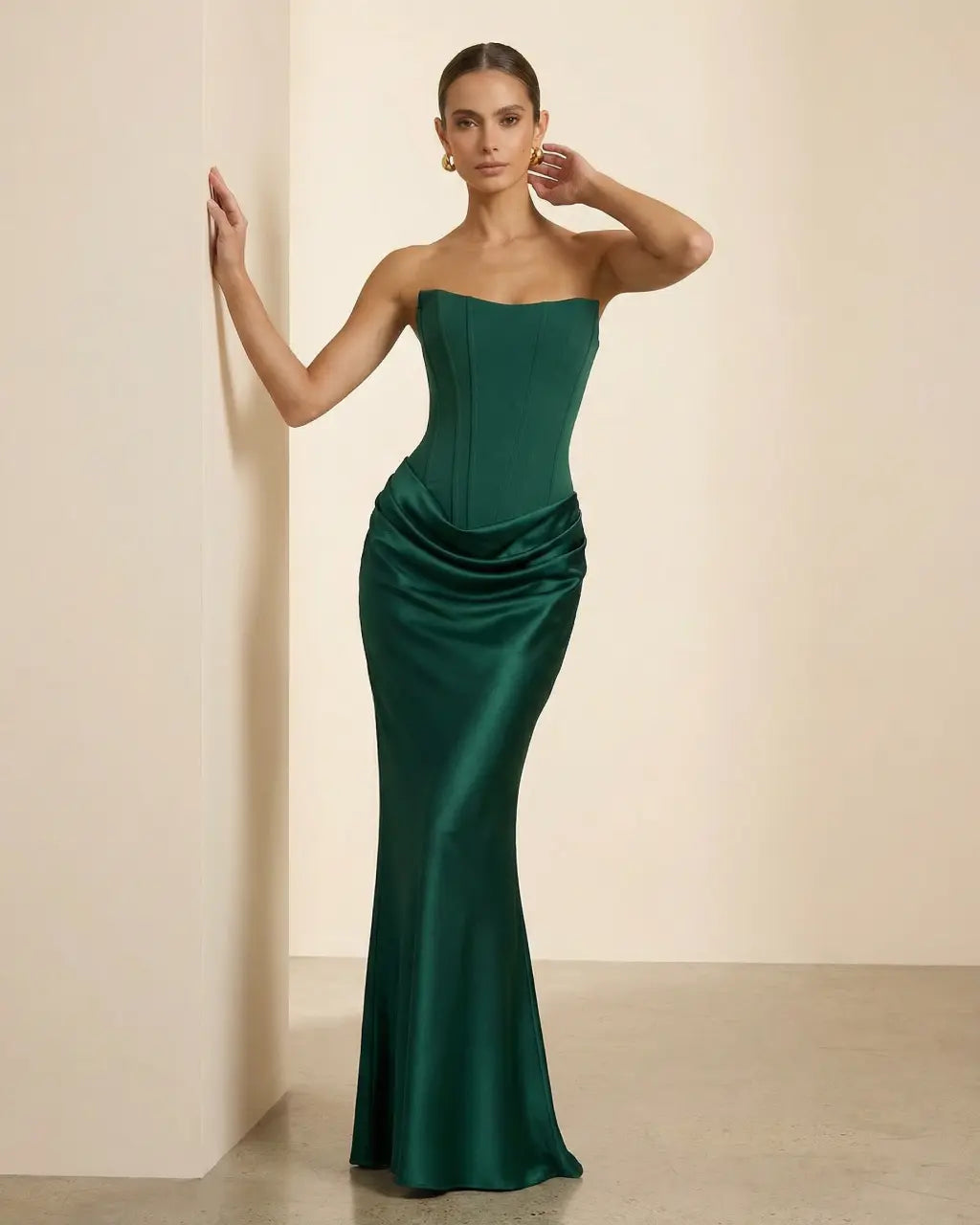 Green Strapless Corset Satin Mermaid Maxi Dress SOLACE