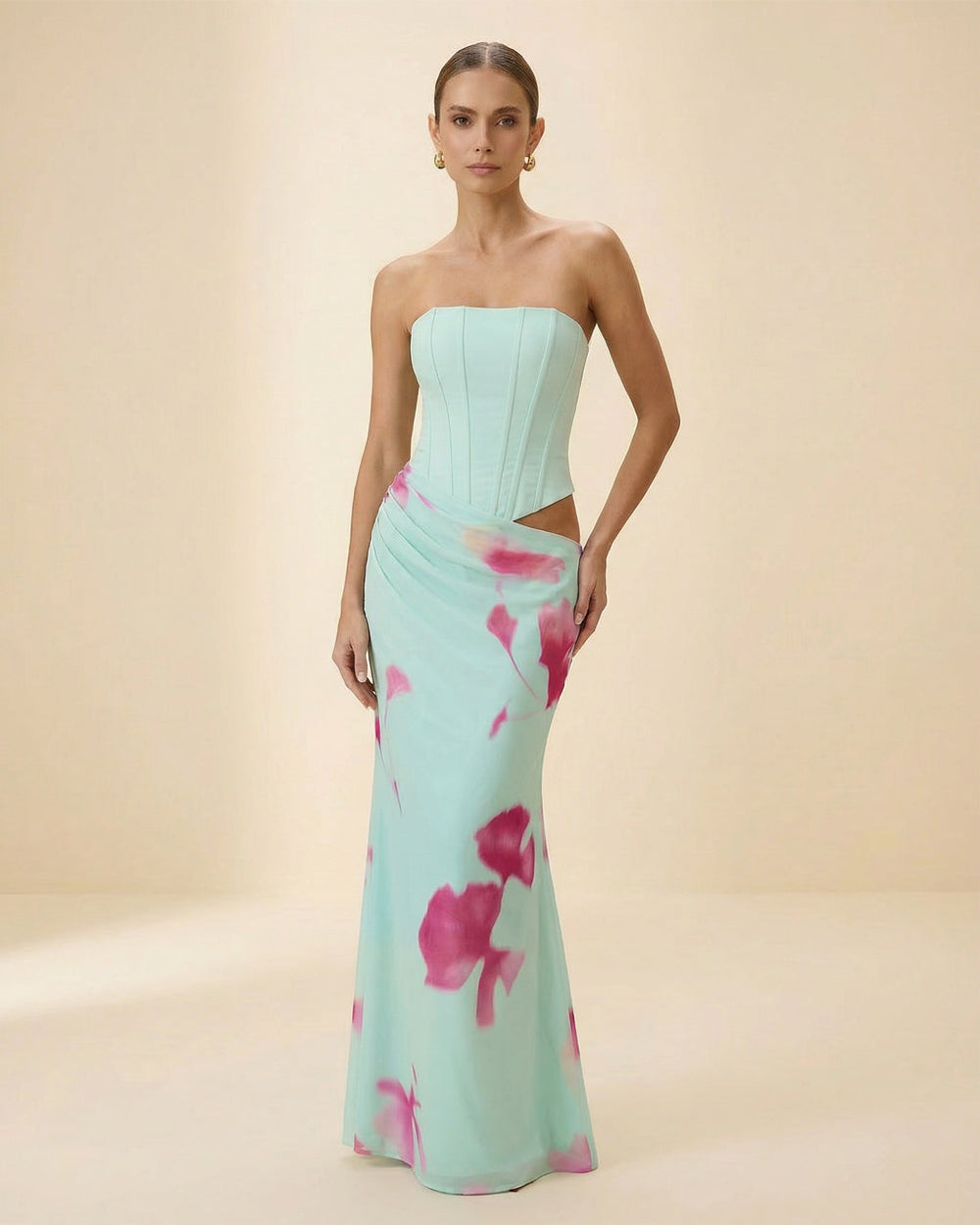 SOLACE  Floral Print Strapless Corset Side Cutout Maxi Dress 