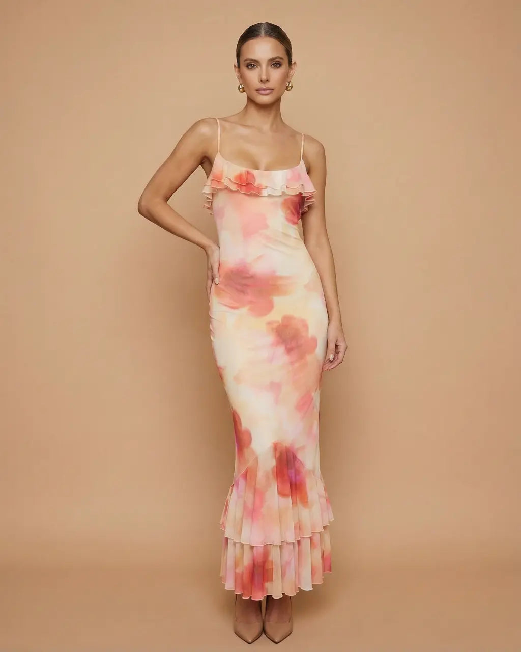 Pink Floral Tie-Dye Ruffle Spaghetti Strap Mermaid Maxi Dress SOLACE