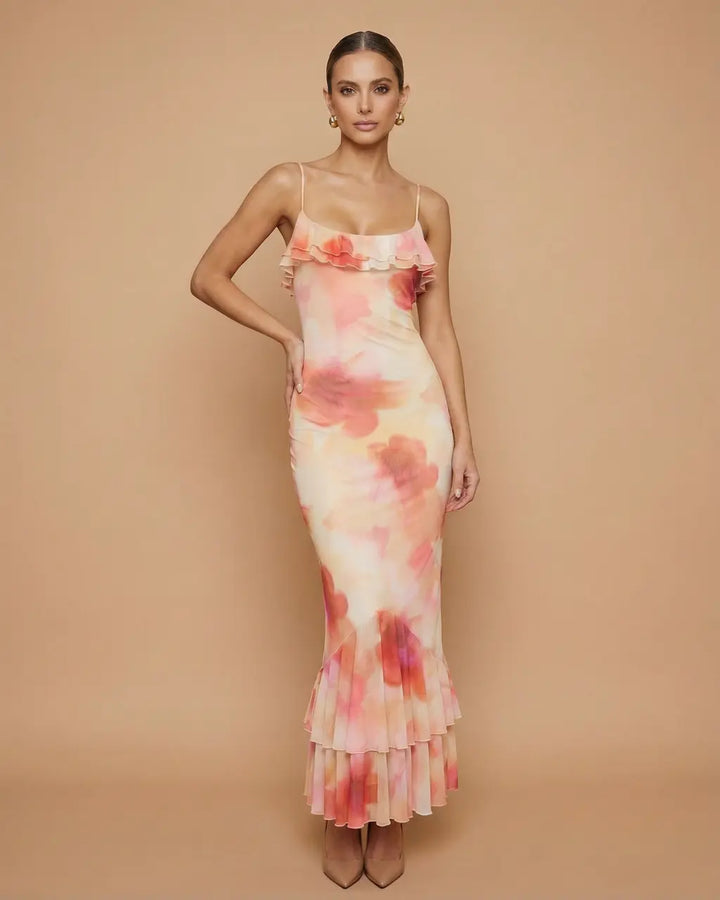 Pink Floral Tie-Dye Ruffle Spaghetti Strap Mermaid Maxi Dress SOLACE
