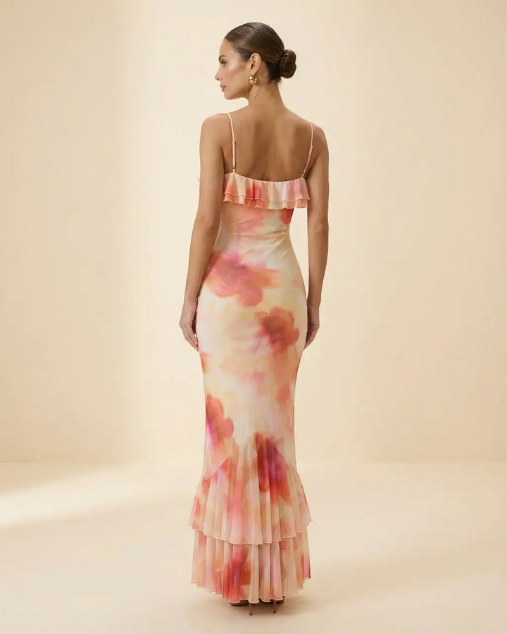 Pink Floral Tie-Dye Ruffle Spaghetti Strap Mermaid Maxi Dress SOLACE