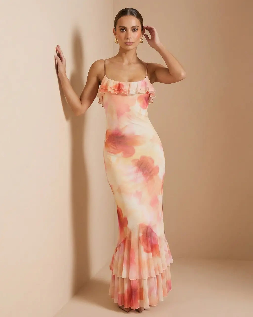 Pink Floral Tie-Dye Ruffle Spaghetti Strap Mermaid Maxi Dress SOLACE