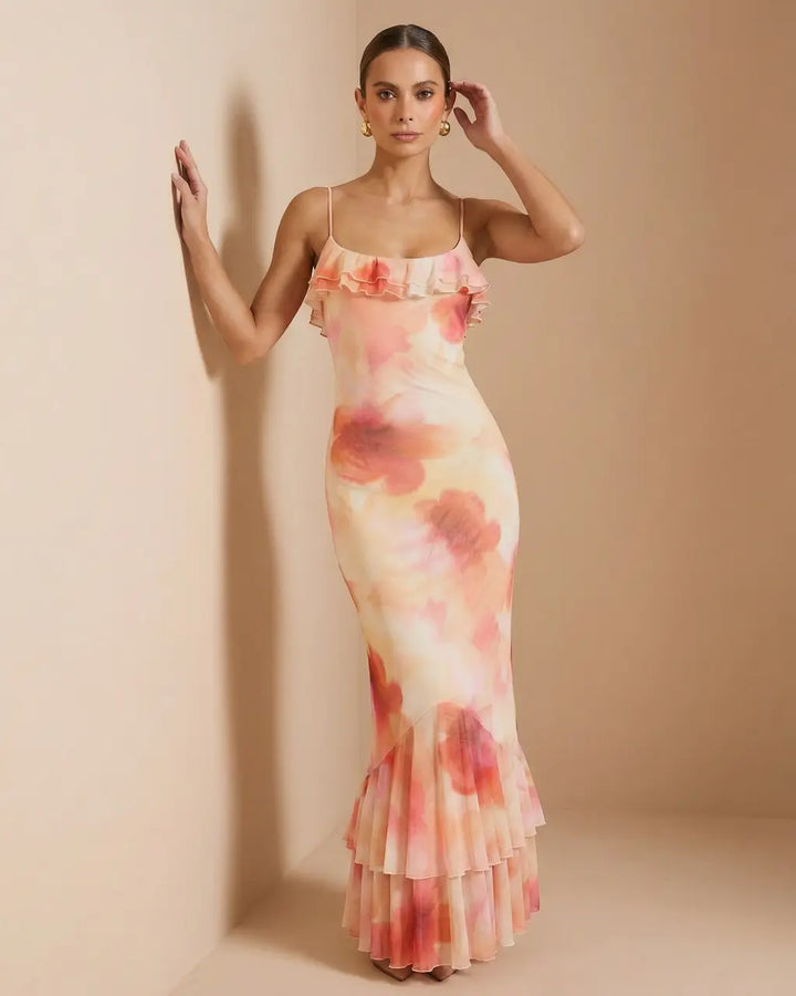 Pink Floral Tie-Dye Ruffle Spaghetti Strap Mermaid Maxi Dress SOLACE