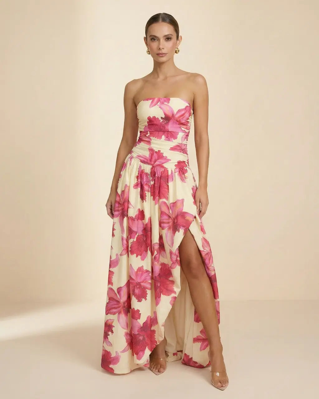Pink Floral Strapless Ruched High Slit Maxi Dress SOLACE