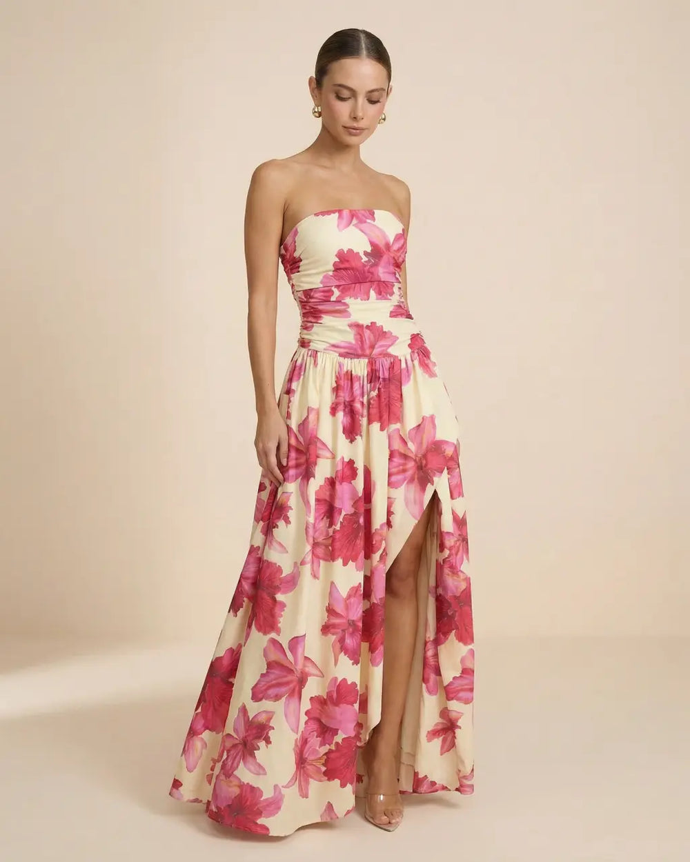 Pink Floral Strapless Ruched High Slit Maxi Dress SOLACE