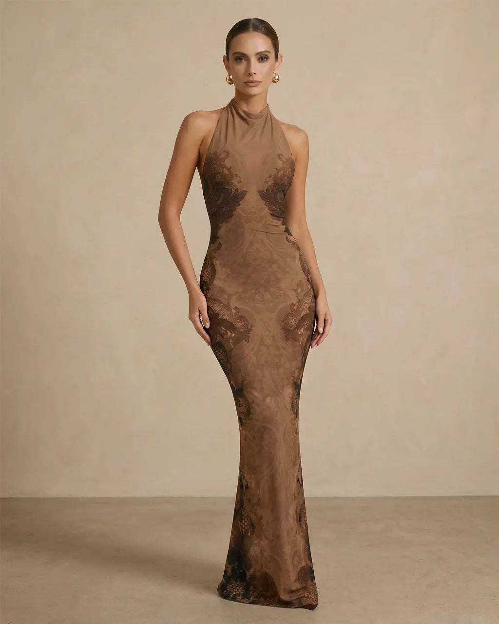 Brown Baroque Print Halter Neck Backless Maxi Dres SOLACE