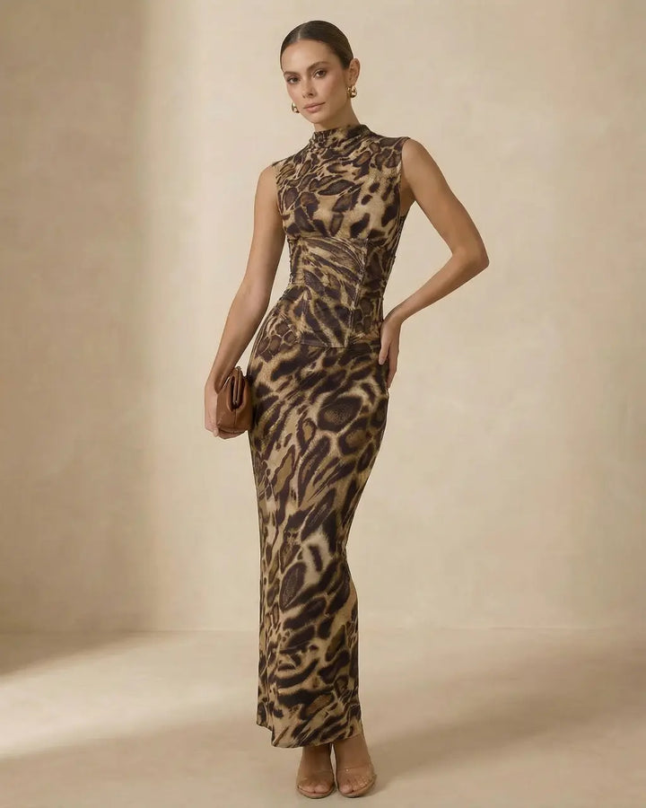 Leopard Print High Neck Sleeveless Corset Waist Maxi Dress SOLACE