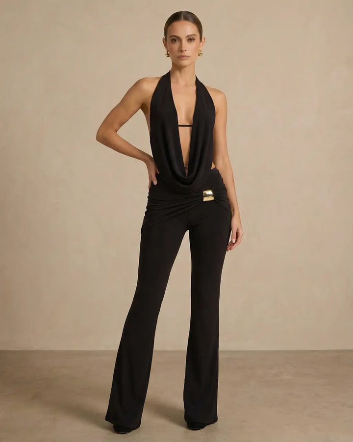 Black Halter Neck Cowl Backless Crop Top Flare Leg Pants Set SOLACE