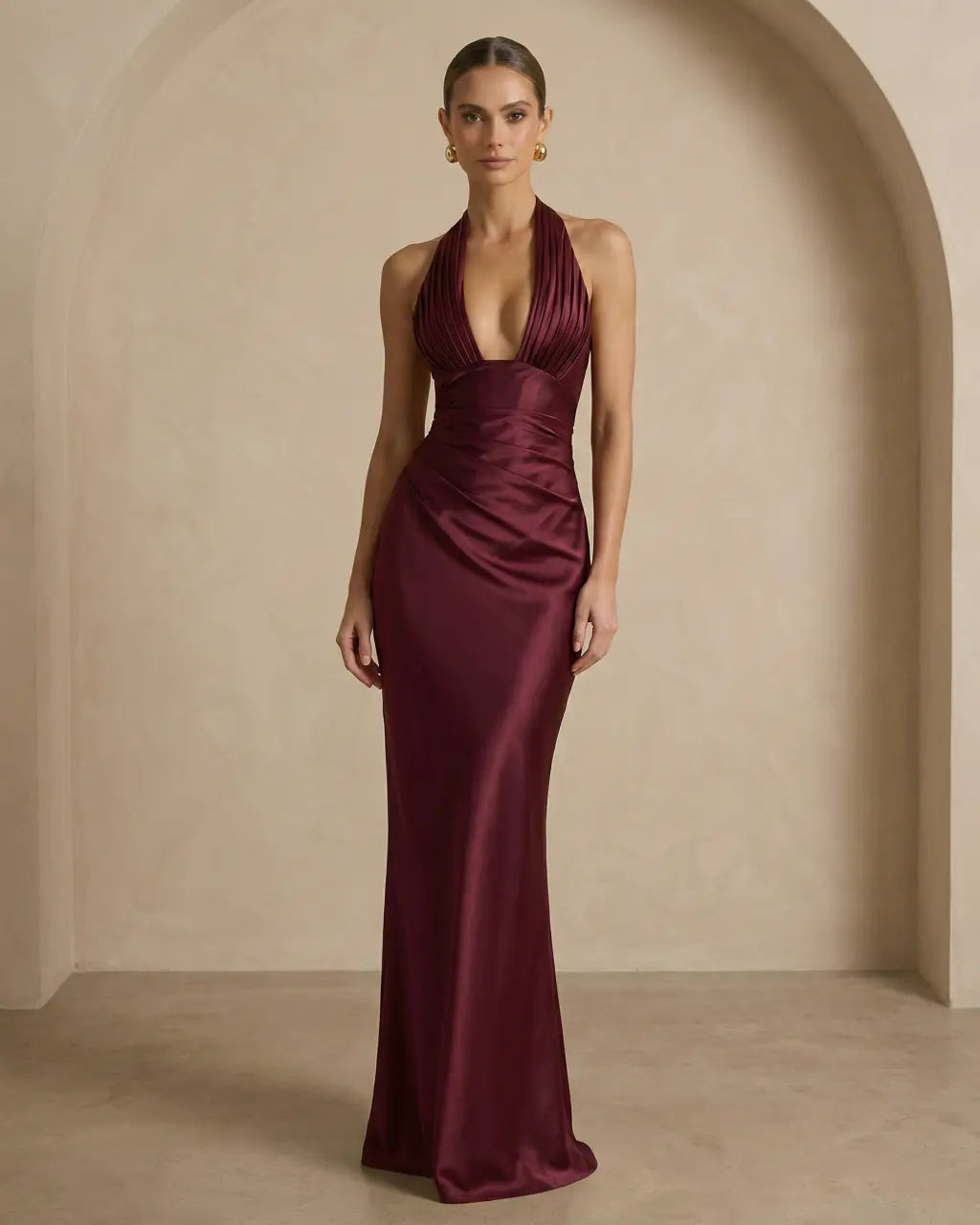 Elegant Burgundy Halter Neck Satin Corset Maxi Dress SOLACE