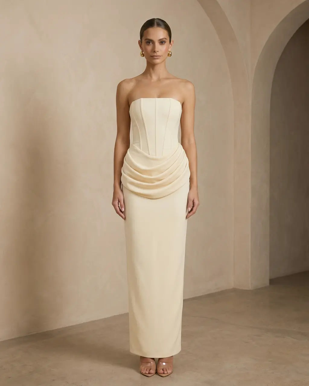 SOLACE  Cream Strapless Corset Draped Waist Maxi Bodycon Dress 