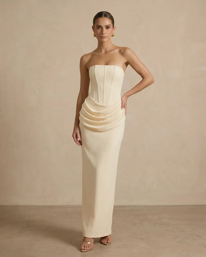 SOLACE  Cream Strapless Corset Draped Waist Maxi Bodycon Dress 
