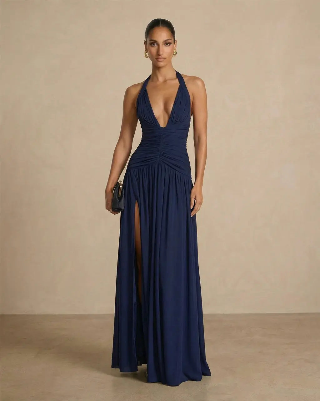 Navy Halter Deep V Neck Ruched Backless High Slit Maxi Dress SOLACE