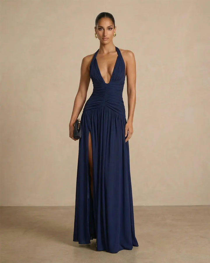 Navy Halter Deep V Neck Ruched Backless High Slit Maxi Dress SOLACE