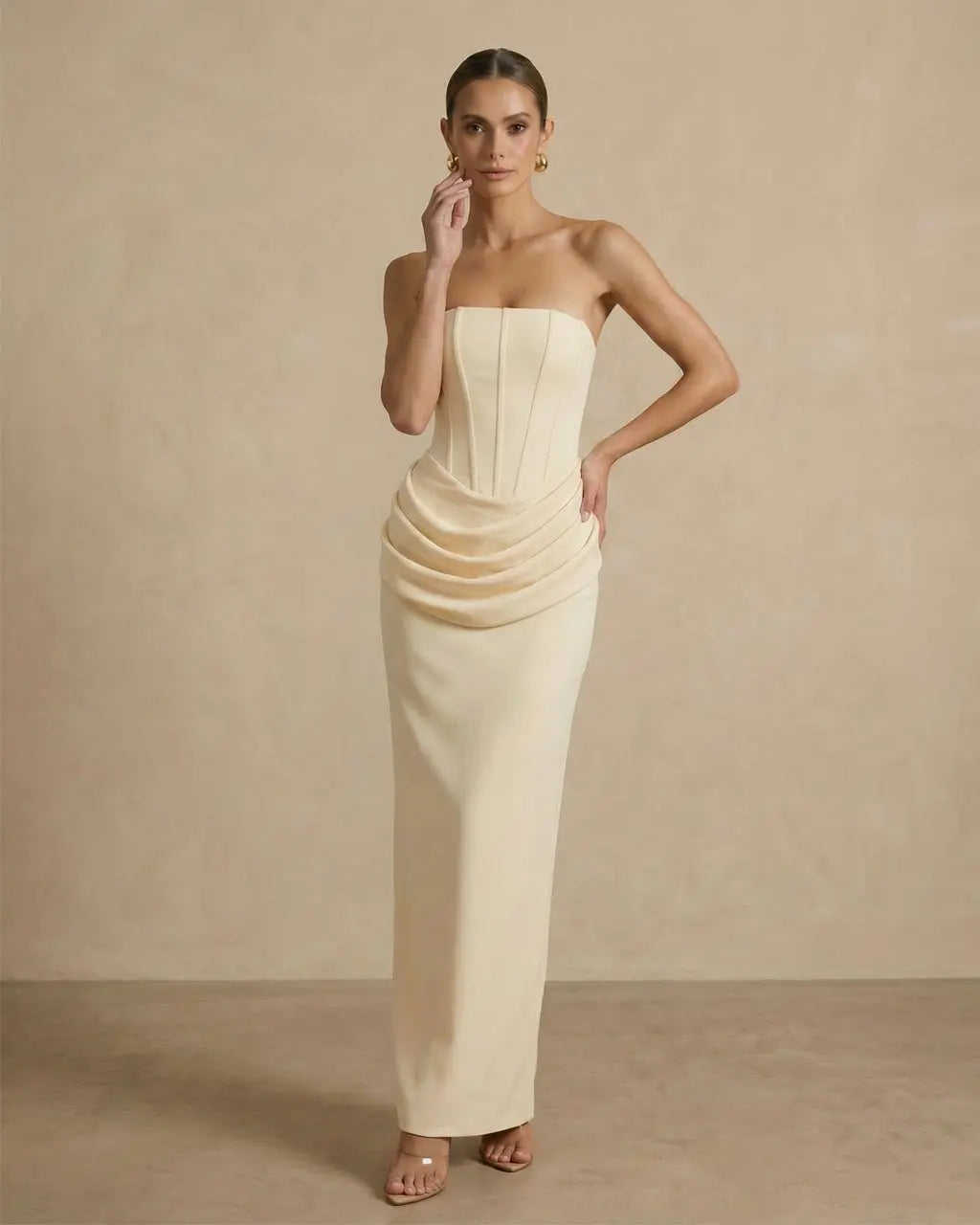 SOLACE  Cream Strapless Corset Draped Waist Maxi Bodycon Dress 
