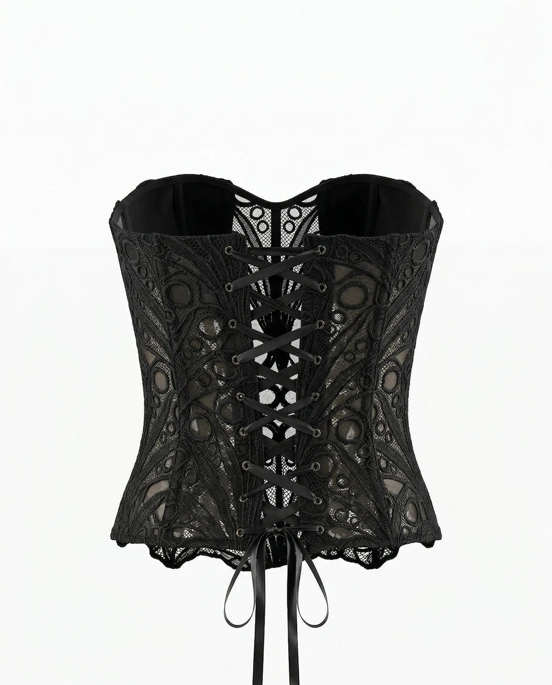 SOLACE  Black Strapless Lace Embroidered Sheer Corset Crop Top 