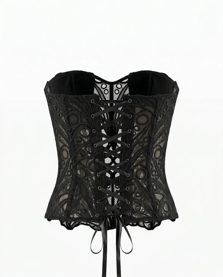 SOLACE  Black Strapless Lace Embroidered Sheer Corset Crop Top 
