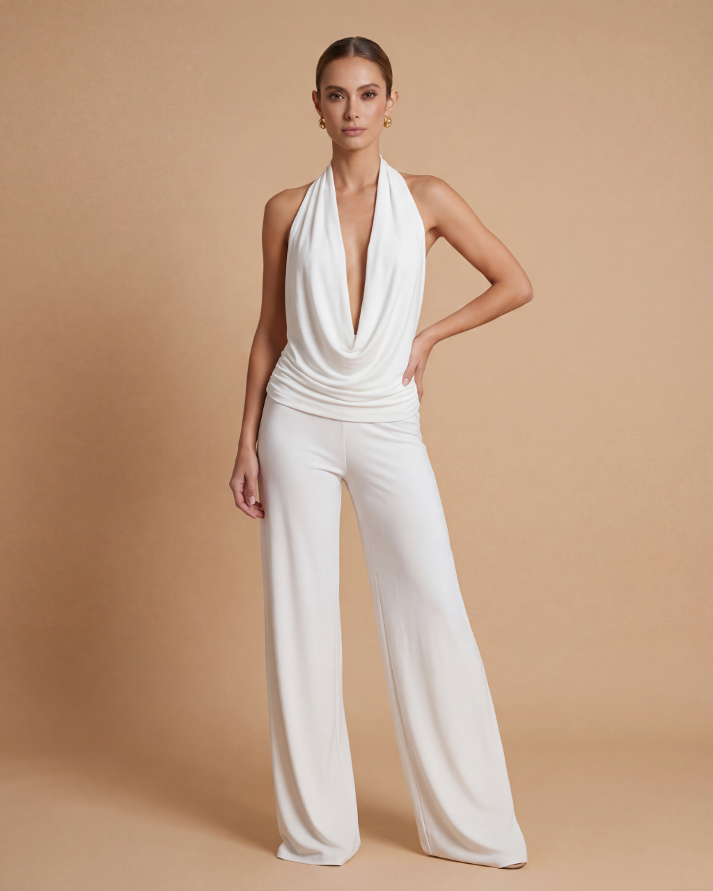 SOLACE  White Halter Neck Cowl Drape Top High Waist Wide Leg Pants Set 