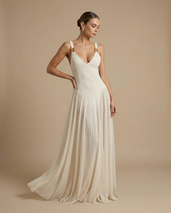 SOLACE  White V-Neck Gold Hardware Backless Pleated Maxi Dress 