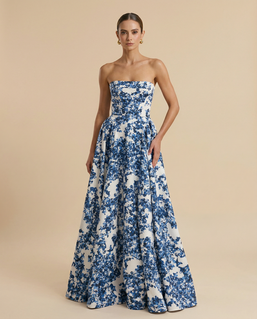 SOLACE  White Blue Floral Print Strapless Structured Bodice A-Line Maxi Dress 
