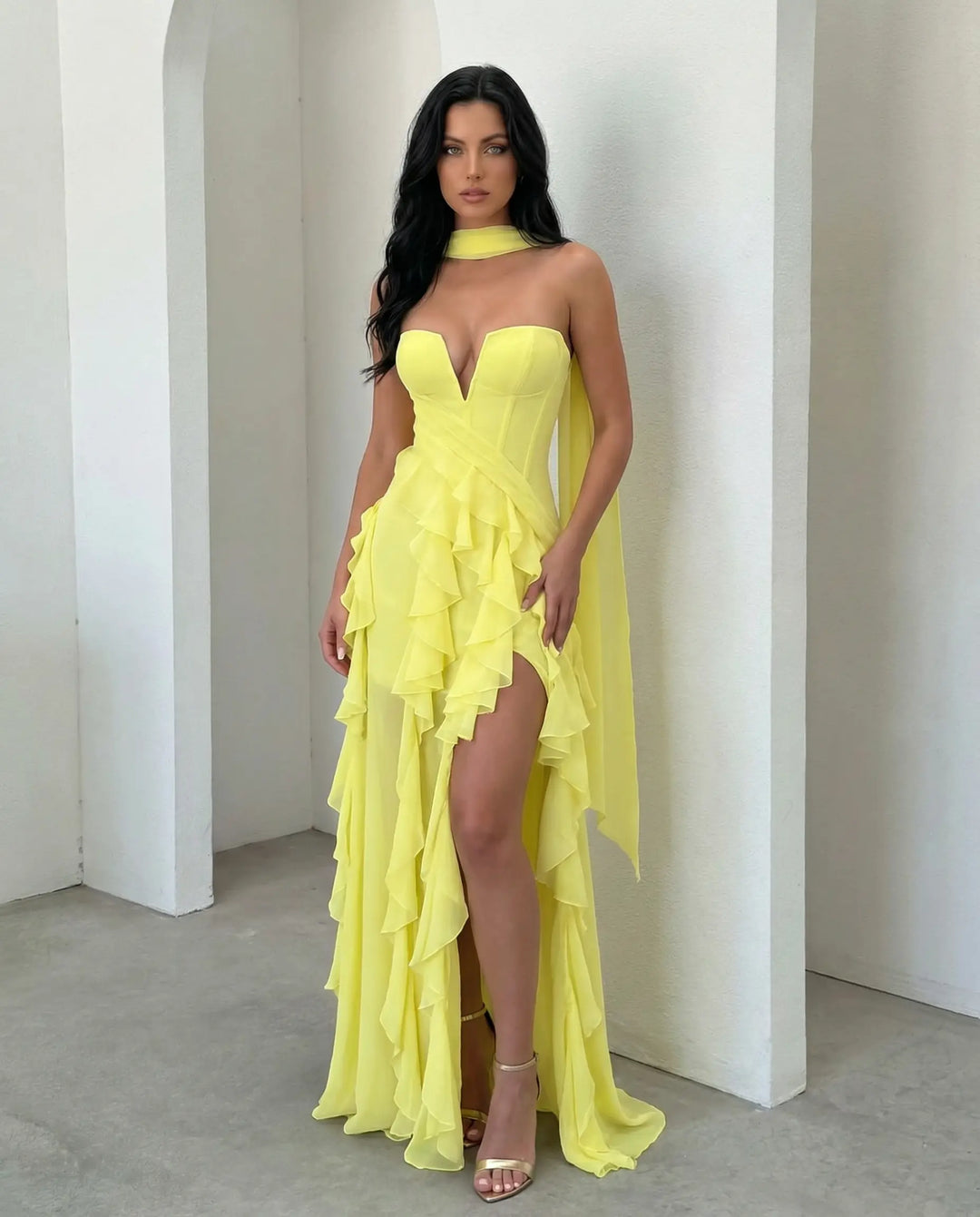 SOLACE  Lemon Yellow Halter Neck Strapless Corset Ruffle High Slit Chiffon Maxi Dress 