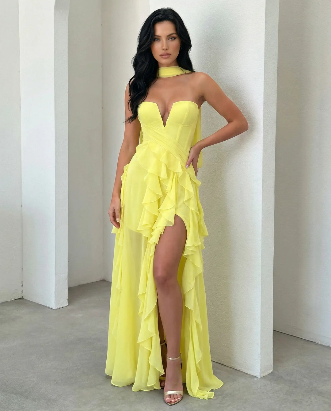SOLACE  Lemon Yellow Halter Neck Strapless Corset Ruffle High Slit Chiffon Maxi Dress 