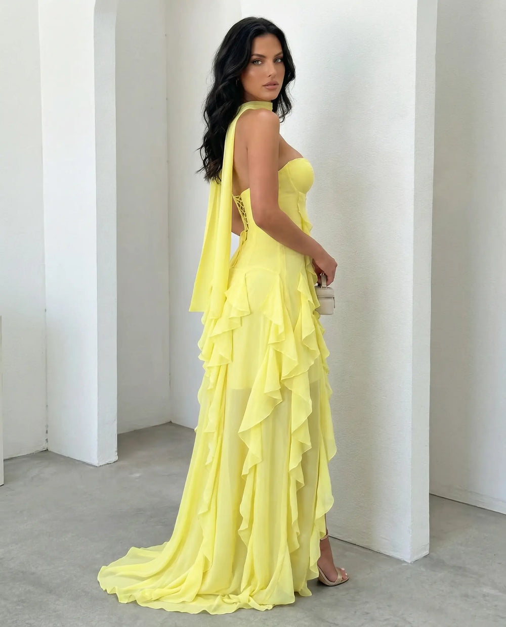SOLACE  Lemon Yellow Halter Neck Strapless Corset Ruffle High Slit Chiffon Maxi Dress 