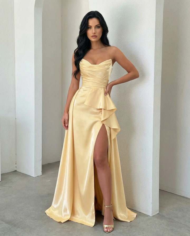 SOLACE  Pale Yellow Cowl Neck Strapless Ruffle High Slit Satin Maxi Dress 