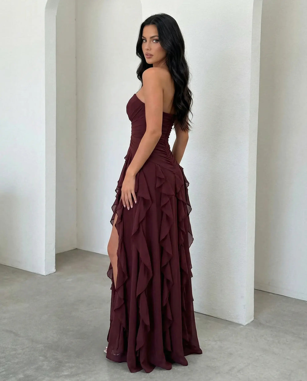 SOLACE  Burgundy Strapless Ruched Waist Cascading Ruffle High Slit Chiffon Maxi Dress 