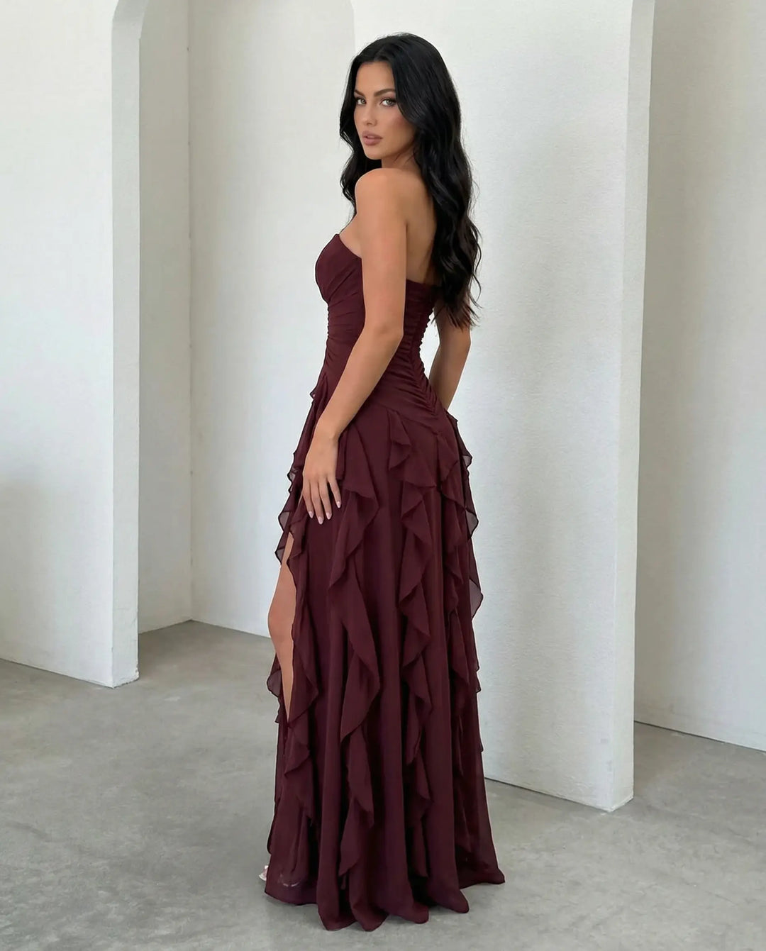 SOLACE  Burgundy Strapless Ruched Waist Cascading Ruffle High Slit Chiffon Maxi Dress 