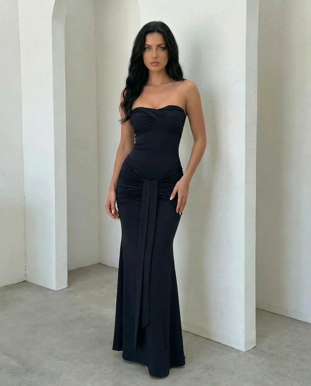 SOLACE  Black Strapless Twist Bust Ruched Waist Draped Mermaid Maxi Bodycon Dress 