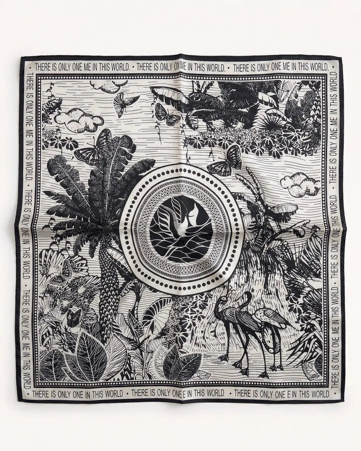 SOLACE  Black White Tropical Jungle Print Lightweight Square Boho Scarf 