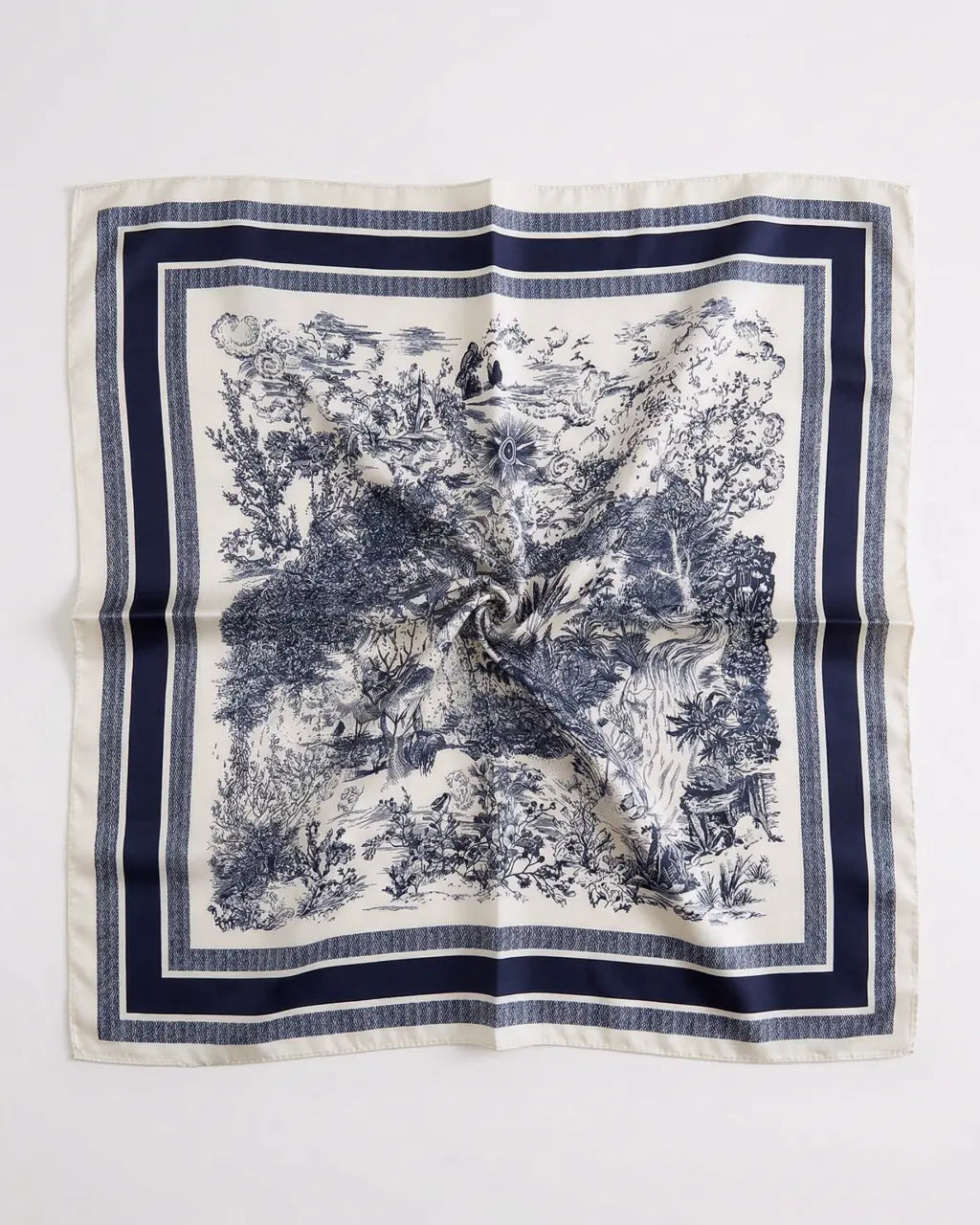 SOLACE  Navy Blue Toile De Jouy Landscape Print Square Scarf 