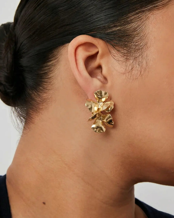 SOLACE  Gold Layered Floral Statement Drop Earrings 