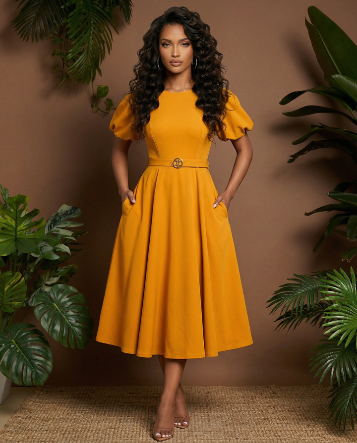 SOLACE  Yellow Puff Sleeve Round Neck Belted A-Line Midi Dress 