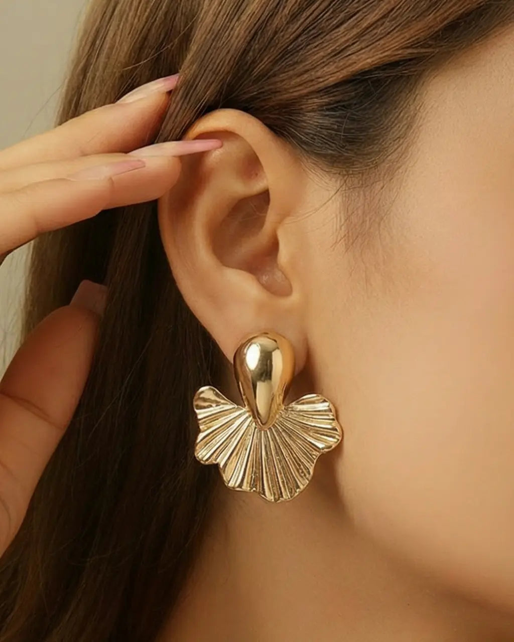 SOLACE  Gold Teardrop Fan Statement Stud Earrings 