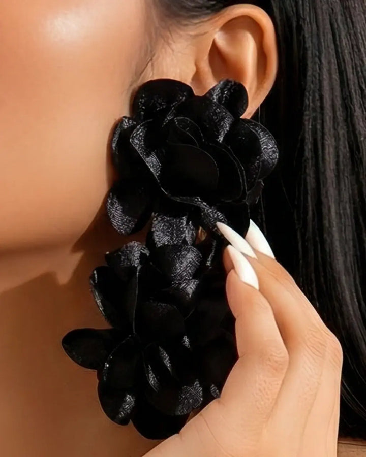 SOLACE  Black Double Layered Rose Fabric Earrings 