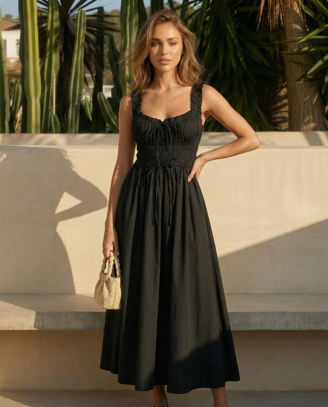 SOLACE  Black Sweetheart Neck Ruffle Strap Midi Dress 