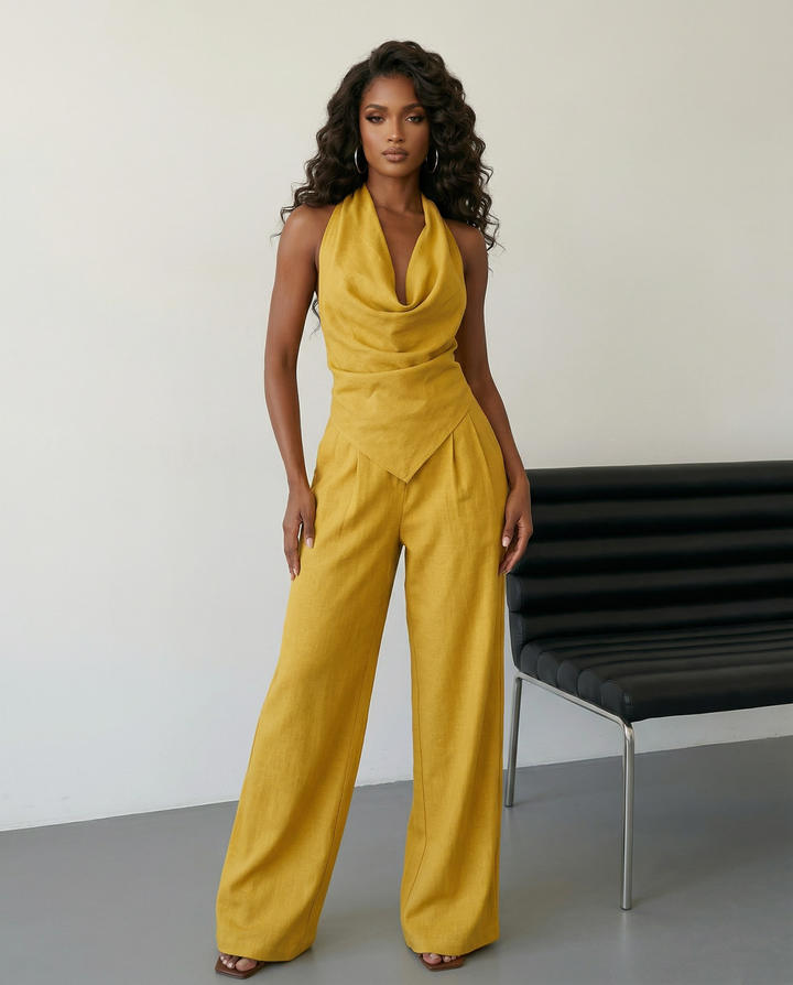 SOLACE  Yellow Halter Neck Open Back Top Wide Leg Pants Set 