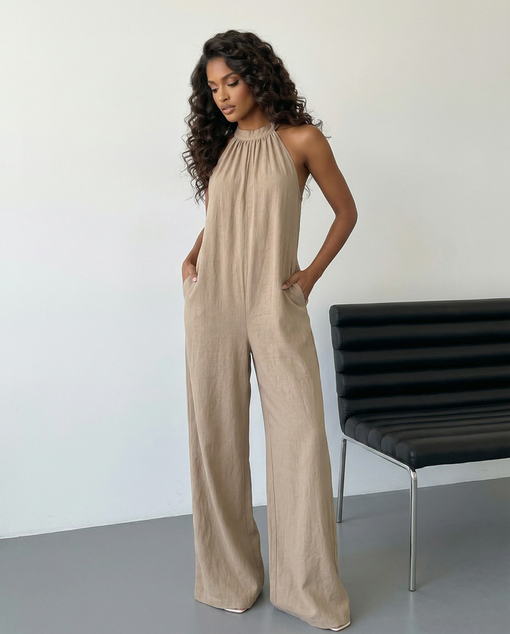 SOLACE  Beige Halter Neck Sleeveless Wide Leg Linen Jumpsuit 