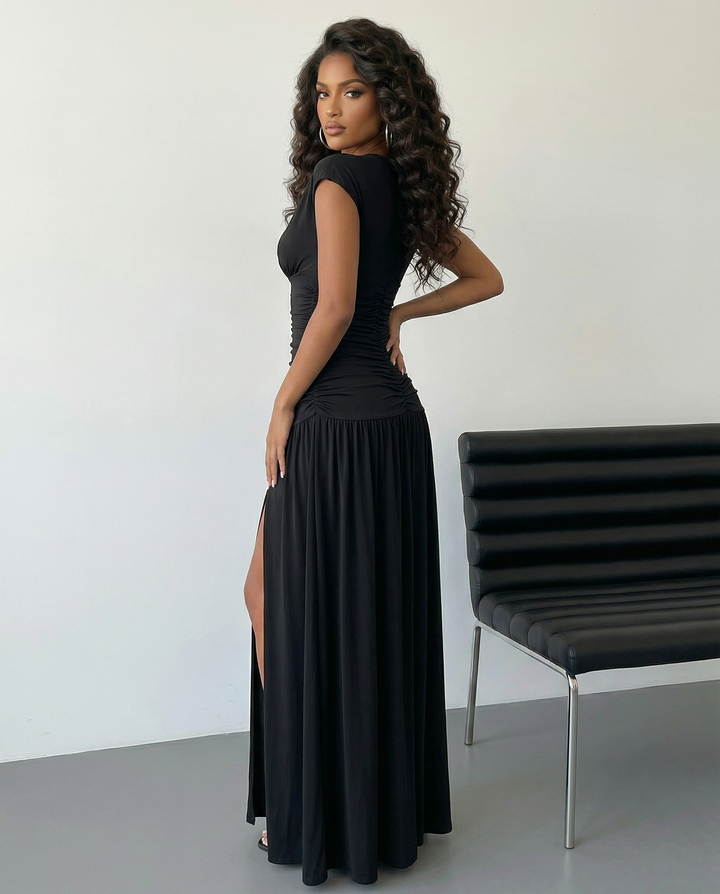 SOLACE  Black Ruched Waist Cap Sleeve High Split Maxi Dress 