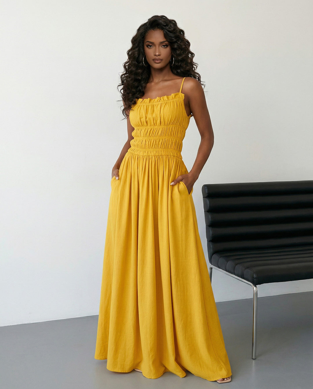 SOLACE  Yellow Spaghetti Strap Shirred Bodice A-Line Maxi Dress 