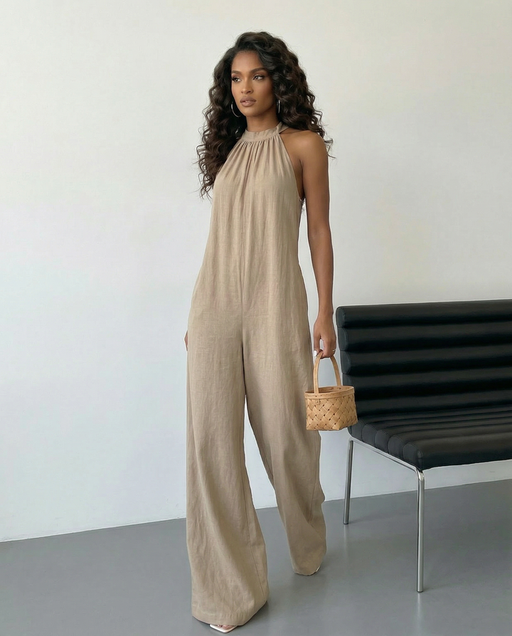 SOLACE  Beige Halter Neck Sleeveless Wide Leg Linen Jumpsuit 
