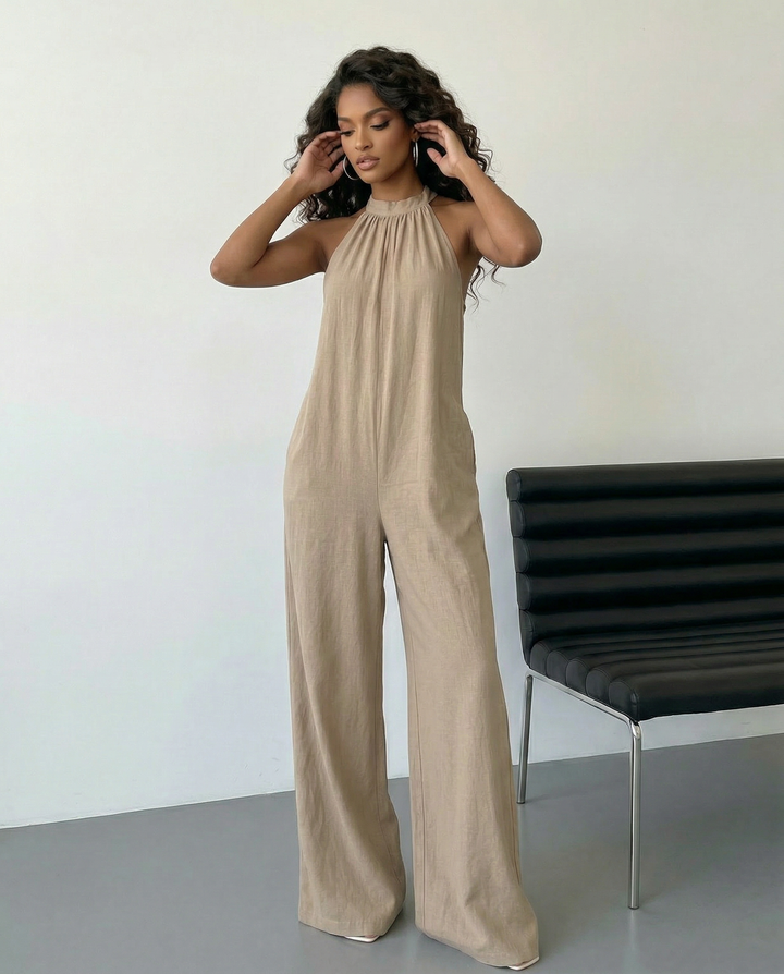 SOLACE  Beige Halter Neck Sleeveless Wide Leg Linen Jumpsuit 
