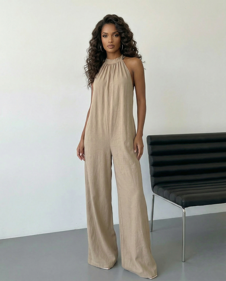 SOLACE  Beige Halter Neck Sleeveless Wide Leg Linen Jumpsuit 