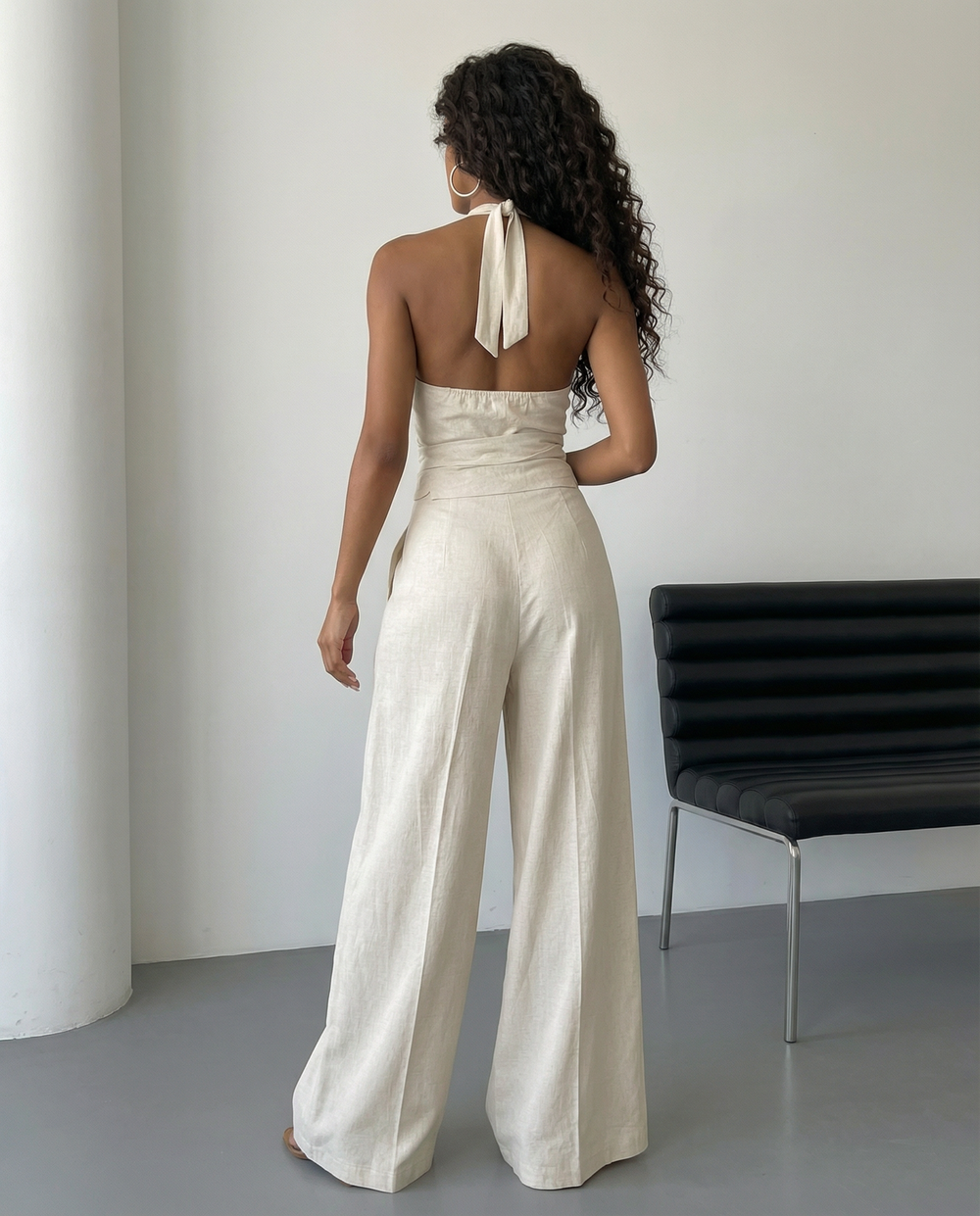 SOLACE  Apricot Linen Blend Halter Neck Backless Top Wide Leg Pants Set 