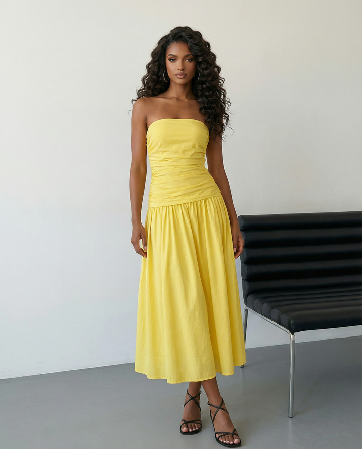 SOLACE  Yellow Strapless Sleeveless Ruched Waist A-Line Midi Dress 