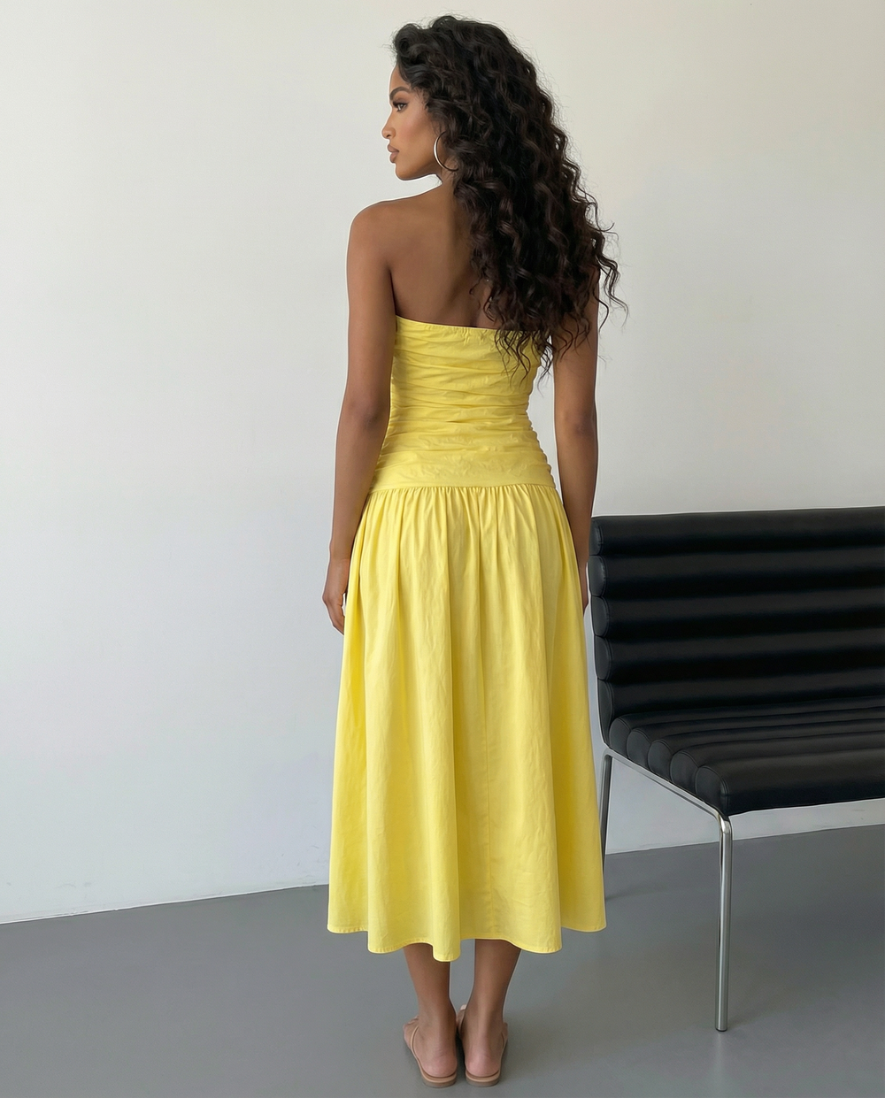 SOLACE  Yellow Strapless Sleeveless Ruched Waist A-Line Midi Dress 